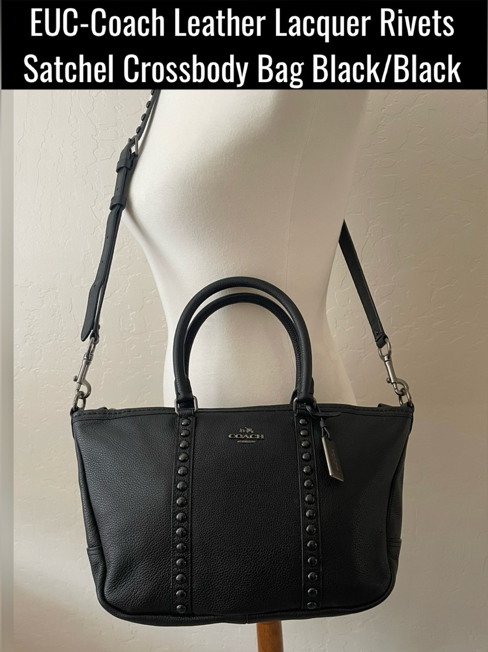 EUC-Coach Leather Lacquer Rivets Satchel Crossbody Bag in Black/Black